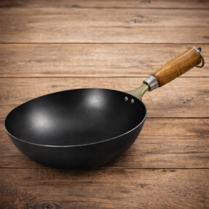 9 Inch Black Iron Wok Kadhai with Wooden Handle