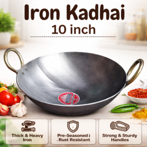 Desi Style Thick Iron Kadhai (10 Inch) with Strong Handle | Pre-Seasoned, Rust Resistant | Deep Frying & Daily Cooking Kadai